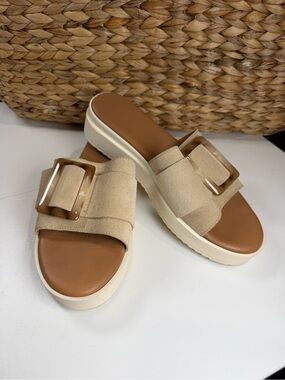Simona Rossi Beige Suede Slide Sandals with Decorative Buckle